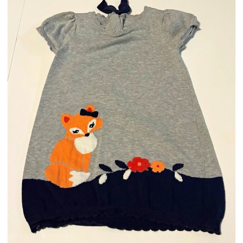 Gymboree Girls Gray Navy Knit Sweater Dress Fox Bow Short Sleeve Knee Sz 3T